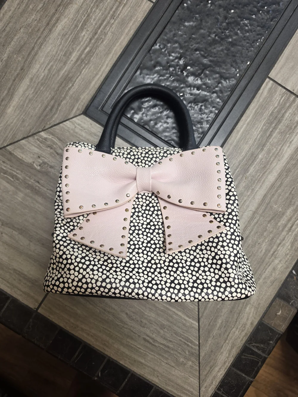 Betsey Johnson Black & White Dot Satchel with Pink Bow